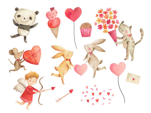 Valentines Love watercolor cute animals illustration Set