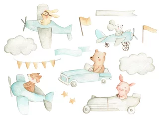 Fototapeten Cars and planes woodland baby nursery animals watercolor illustration pattern  © Bianca