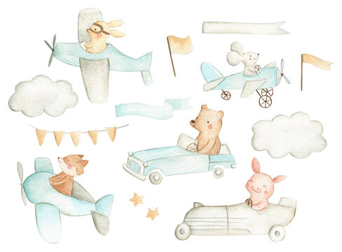 Fototapeta Cars and planes woodland baby nursery animals watercolor illustration pattern 