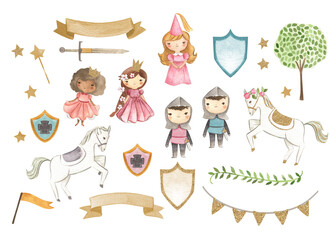 Fairy tale Princess and Knight watercolor illustration 