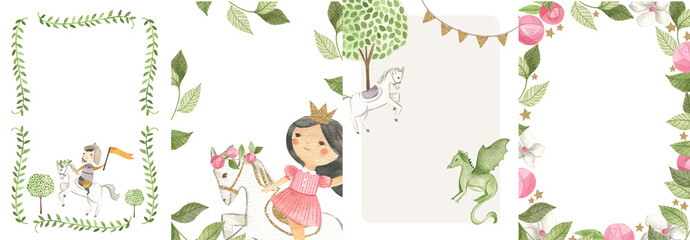 Fairy tale Princess and Knight watercolor illustration invitation template 