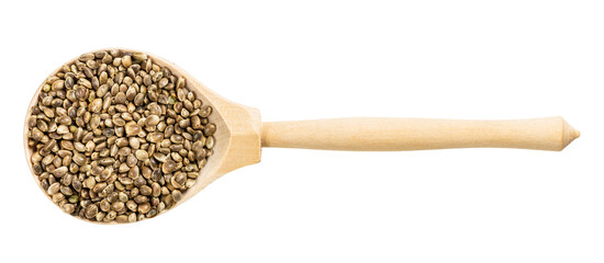 top view of wood spoon with unpeeled hemp seeds