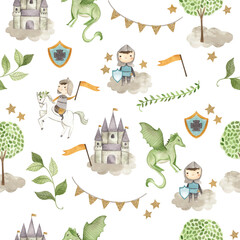 Fairy tale Knight watercolor illustration pattern  white 