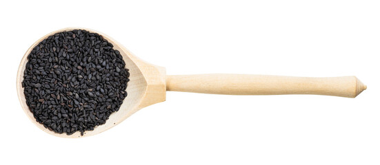 top view of wood spoon with black sesame seeds