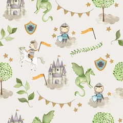 Fairy tale  Knight watercolor illustration seamless pattern grey 