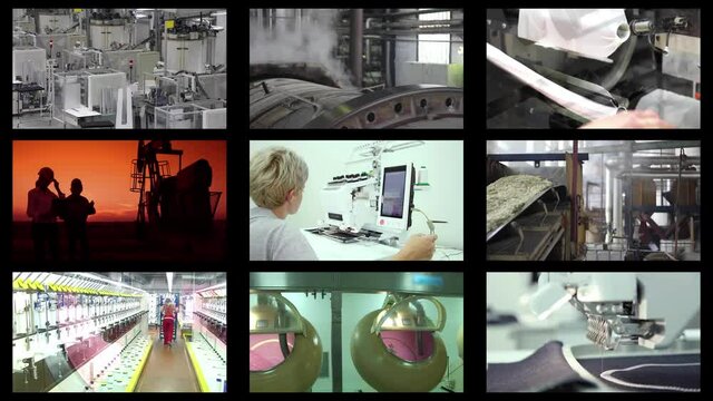 Industrial production, welder, metal industry, sugar factory, textile industry, tannery, power plant, coal, oil pump, construction, grinding, mining, foundry, production of drugs. Timelapse in collage