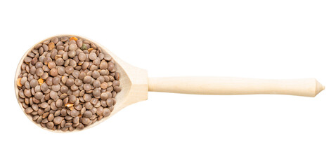 top view of wood spoon with unhulled red lentils