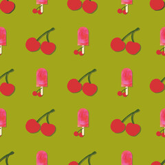 Cherries and ice vector seamless repeat pattern print background