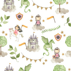 Fototapety  Fairy tale Princess and Knight watercolor illustration seamless  pattern  white 