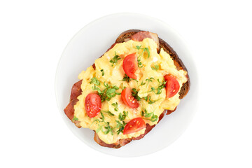 Scrambled eggs with microgreen and tomatoes on bread