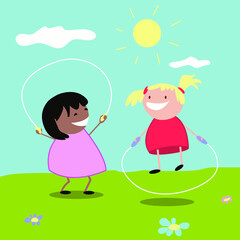 two girls jumping rope with sky and grass background