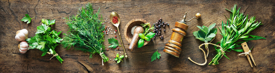 Panoramic background with bunches of fresh garden herbs