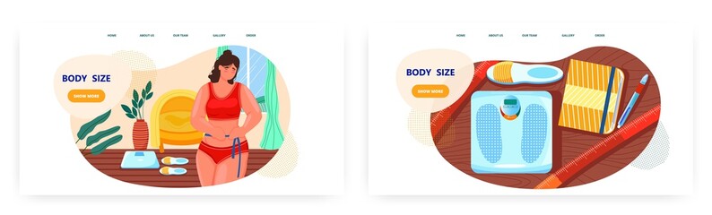 Body size landing page design, website banner vector template set. Weight loss, control, diet plan and healthy lifestyle