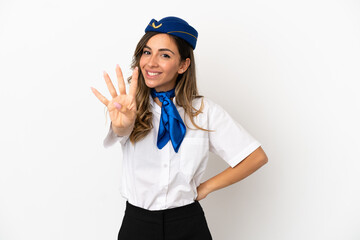 Airplane stewardess over isolated white background happy and counting four with fingers