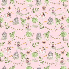 Fairy tale Princess and Knight watercolor illustration pattern  pink 
