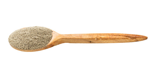 wooden spoon with ground black pepper isolated