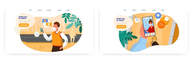 Long distance communication landing page design, website banner vector templates. Couple video calling in public places.