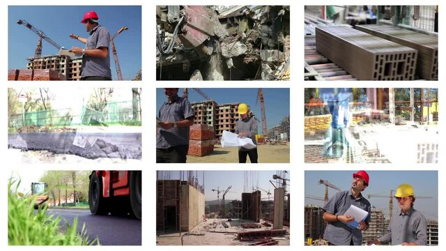 Building of industrial complex, paving, workers and engineers at work, concreting, construction of buildings, demolition of buildings, production of bricks and blocks, quarry, collage timelapse