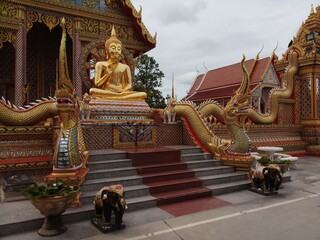 statue of a sitting golden buddha in a temple in thailand