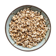 view of puffed emmer farro wheat grains in bowl
