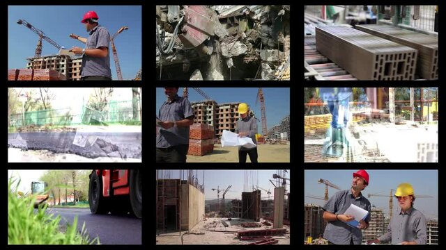 Building of industrial complex, paving, workers and engineers at work, concreting, construction of buildings, demolition of buildings, production of bricks and blocks, quarry, collage timelapse