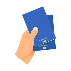 A citizen holding a passport in his hand. Two passports in hand. A man holds two passports in his hand. Flat style. Vector