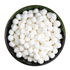 top view of tapioca pearls in round bowl isolated