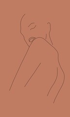 Abstract minimal line portrait silhouette of sensual nude girl half-turned with bare back. Beauty of female body. Black contour drawn by hand. Natural and simple feminine concept, earth color. - 437888171