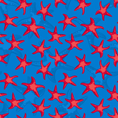 Red starfish on blue background. Sea seamless pattern.