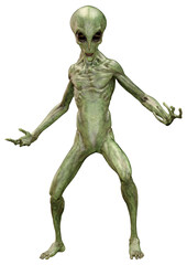 3D Rendering Green Alien on White