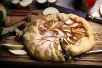 Selective focus. Homemade apple galette. Delicious healthy pastries.