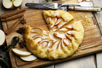 Selective focus. Homemade apple galette. Delicious healthy pastries.