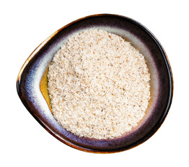 top view of psyllium husk in ceramic bowl isolated