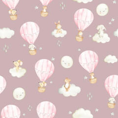 Hot air balloon  watercolor woodland animals  seamless pattern illustration