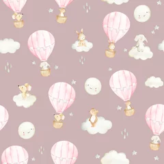 Rolgordijnen Luchtballon Hete luchtballon aquarel bos dieren naadloze patroon illustratie
