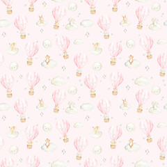 Hot air balloon  watercolor woodland animals pattern illustration