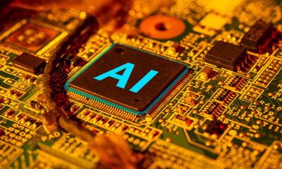 Artificial Intelligence concept on closeup computer chip