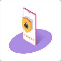 Mobile security protection vector illustration, security smartphone app sign, mobile phone protection guard technology concept. 3d isometric illustration.