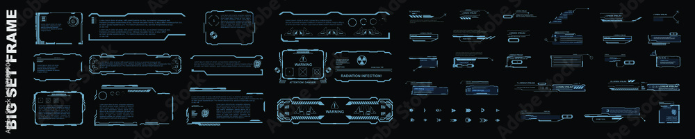 Fototapete Big set frames or screens with information. Transparent screens on black background in the style of HUD, GUI, UI. User interface computer game