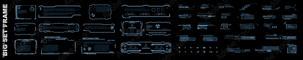 Poster Big set frames or screens with information. Transparent screens on black background in the style of HUD, GUI, UI. User interface computer game