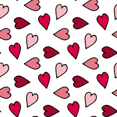 Seamless pattern in pink hearts on white background. Vector image.