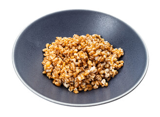 porridge from whole spelt grains in gray bowl