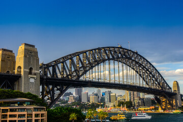 Sydney Harbour Bridge highlighting a pair of the granite covered pylons at one end of the arch trusses