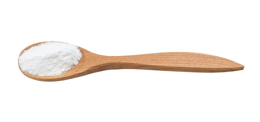 vanillin powder in wooden spoon isolated on white