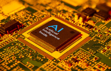 Artificial Intelligence inside concept on computer chip closeup view