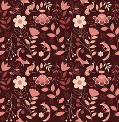 Fototapeta premium vector seamless pattern of ethnic foxes, bird and nature in orange palette