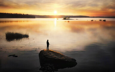 Silhouette of angler fishing on sunset. Sun reflecting in water with stones and islands. Baltic sea, gulf of Finland.