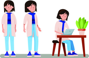 three poses of a girl working behind a laptop from home, stands straight and stands sideways