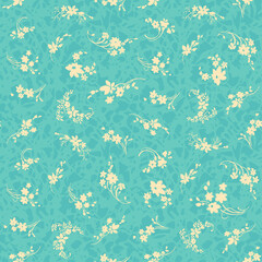 Bouquets and wreaths of white flowers on a blue background with an ice texture. Seamless pattern for fabric or wrapping paper.