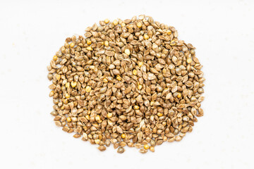pile of whole-grain barnyard millet seeds on gray